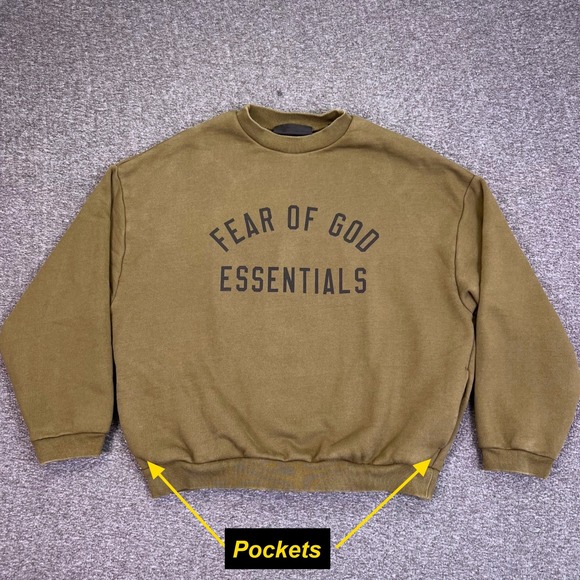 Fear of God Essentials Crewneck Sweatshirt Men S Military Green Pockets Pullover - Picture 6 of 16